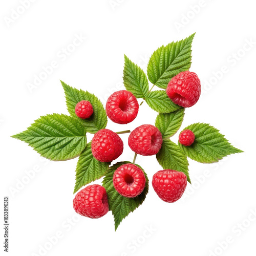 Fresh, ripe red raspberries and vibrant green leaves, with scattered drupelets, meticulously arranged flat lay on a transparent background with copy space. Concept of natural freshness and healthy