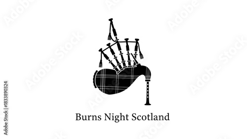A black silhouette of a Scottish bagpipe with a tartan pattern on the bag, accompanied by the text "Burns Night Scotland" on a white background.