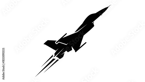 A black silhouette of a fighter jet soaring upwards with speed lines, depicting power and rapid ascent.