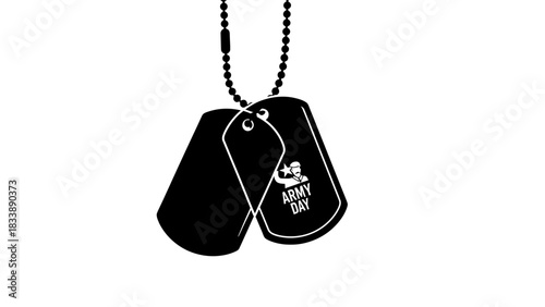 A pair of black military dog tags on a chain, one with an "ARMY DAY" graphic and a flexing arm illustration.
