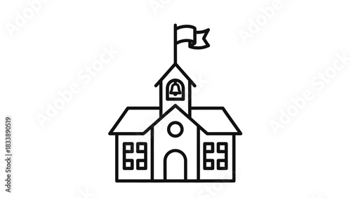 Line art drawing of a school building with a bell tower and flag on top, representing education and learning.