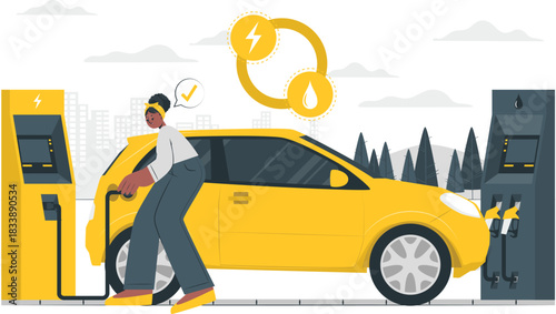 Woman Charging Electric Car at Station vector illustration