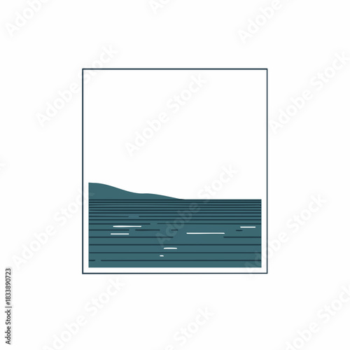 Minimalist teal seascape illustration with horizontal lines and a distant hill