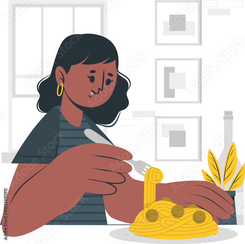 Woman eating spaghetti with meatballs and sauce Keywords: woman, eating, spaghetti, pasta