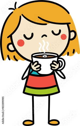 Ginger girl drinking hot cacao, vector illustration isolated on transparent background