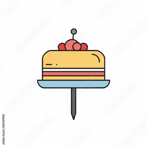 Stylized Cake with Cherry Topping and Decorative Stand, Simple Graphic Design