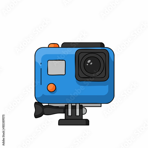 Vibrant Blue Action Camera Illustration with Orange Details
