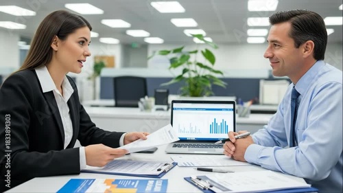 A woman and a man discussing business documents and laptop data in a modern office for professional collaboration and deal-making.