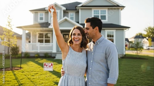 Couple celebrating new house purchase, woman holding keys with sold tag, and man kissing her. Happy home owner concept.