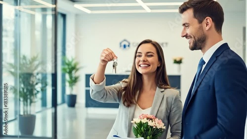 Man realtor giving keys to happy woman client buying new property. Real estate transaction and home ownership.