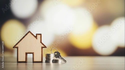 Wooden house model with money coins and key on blurry bokeh background, real estate investment concept