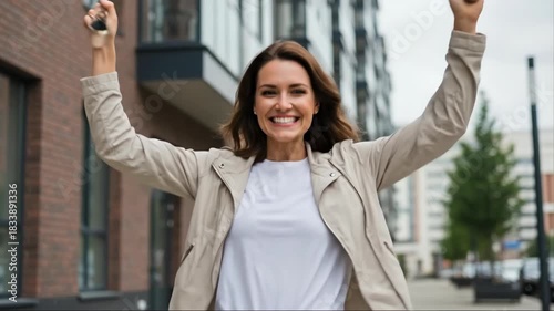 Woman cheering with new house keys in an outdoor urban setting for real estate and home ownership celebration