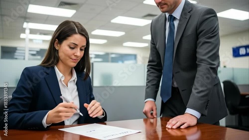 Caucasian woman signing document while caucasian man supervisor points, completing business contract in office setting