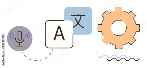 Microphone symbolizing voice input, language translation blocks, and gear for process automation. Ideal for communication, translation, technology, AI, accessibility, linguistic tools and innovation