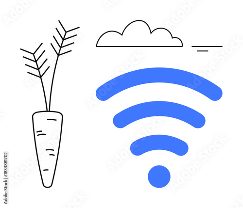 Connectivity concept. Blue wireless symbol alongside minimal carrot and cloud icons highlights connectivity and sustainability. Connectivity for eco-tech, digital farming, and smart agriculture