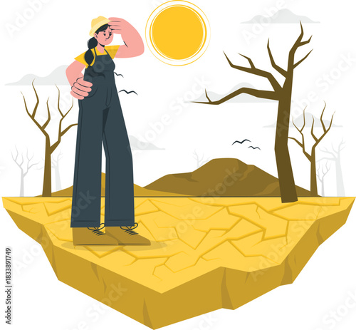 Woman in dry cracked earth looking at the sun vector illustration