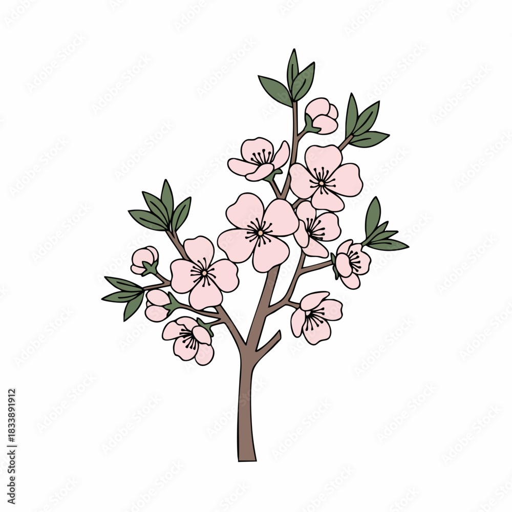 Obraz premium Stylized Pink Blossom Branch with Dark Green Leaves and Brown Stem