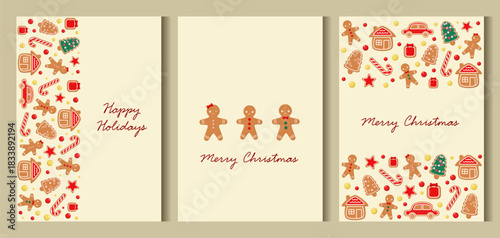 Set of gingerbread cookies posters. Christmas vector for flyers, postcards, design, social media.

