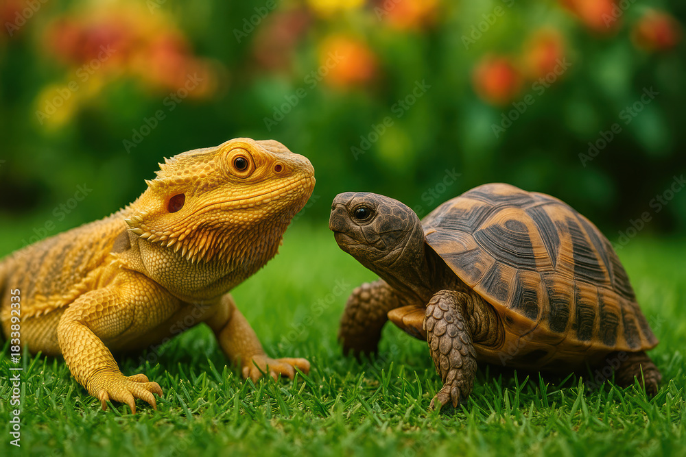 Fototapeta premium Curious bearded dragon lizard and tortoise reptile show cute animal friendship while interacting on green grass lawn
