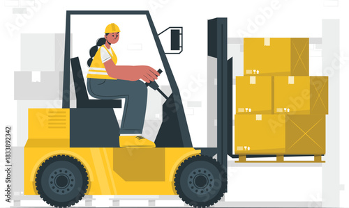 Woman operating forklift loading boxes in warehouse Keywords: forklift, woman, operator