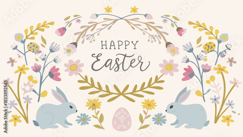 Charming pastel illustration of a happy easter greeting surrounded by whimsical floral elements and cute bunnies perfect for spring celebrations and festive cards