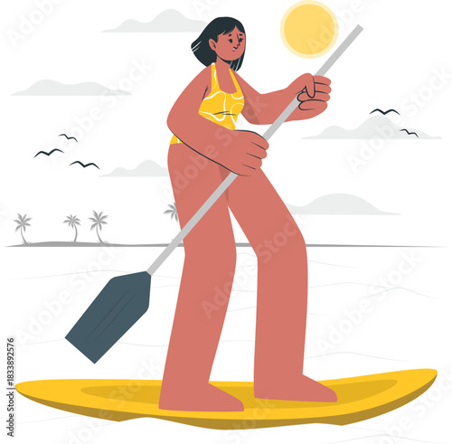 Woman Paddleboarding on Ocean with Sun and Birds vector
