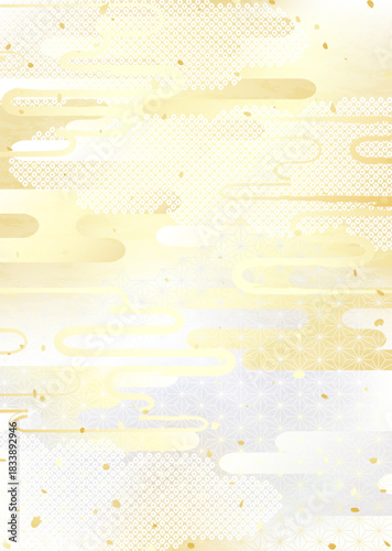 日本のいろいろな伝統模様を組み合わせた華やかな金銀の背景イラスト