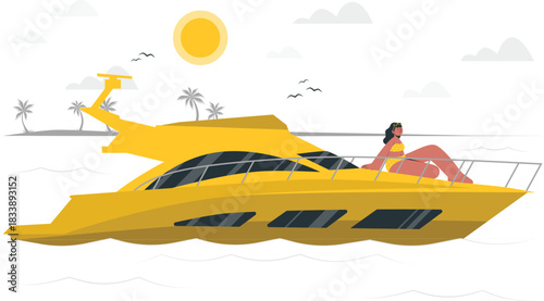Woman relaxing on yellow yacht in the ocean with island boat luxury