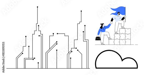 Technology, teamwork, leadership, cloud computing, innovation, digital transformation. Futuristic cityscape illustration, business leader helping team member. Technology and teamwork
