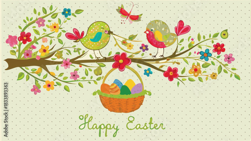 Cute cartoon birds perched on a blooming branch with a basket of colorful easter eggs and a butterfly flying above wishing happy easter on a dotted background