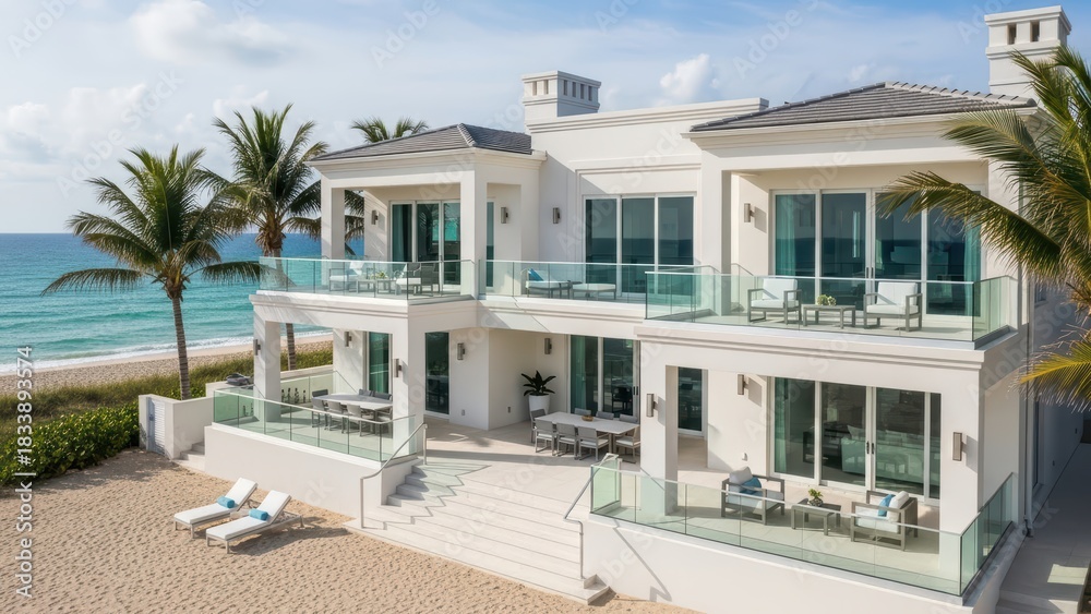 Fototapeta premium Modern beachfront luxury villa with ocean view and palm trees in tropical paradise
