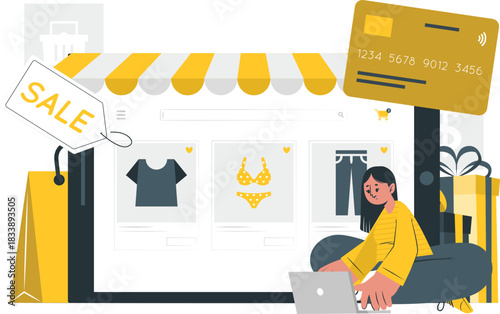 Woman shopping online for clothes on tablet with credit card