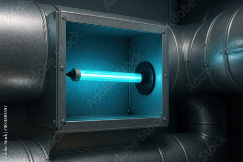 Close up of industrial HVAC duct system with glowing ultraviolet light for modern air purification and technology