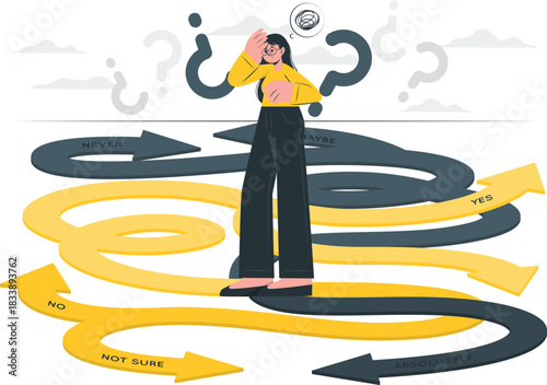 Woman surrounded by directional arrows with text choices decision confusion