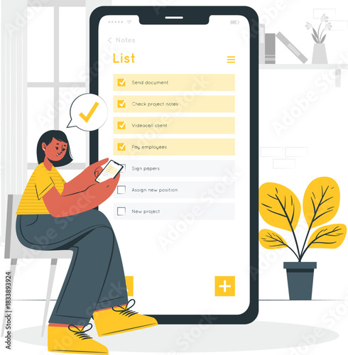 Woman using smartphone for to-do list app with checkmarks and tasks mobile phone application