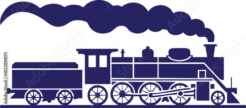 Blue Silhouette of a Vintage Steam Locomotive, Old-Fashioned Train Engine with Smoke Illustration, Vector Graphic of a Historic Railroad Engine and Tender, silhouette, woman, vector.