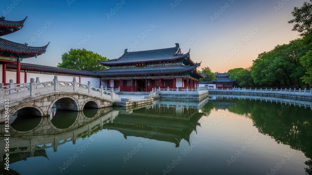 Obraz premium Tranquil evening at a traditional chinese garden with pavilion and bridge