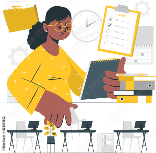 Woman with glasses organizing tasks on a clipboard in an office organization