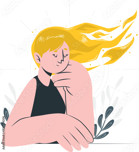 Woman with Flowing Blonde Hair Embracing Herself vector