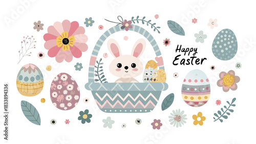 Cute easter bunny in a basket with decorated eggs and flowers celebrating the holiday with a cheerful and whimsical design