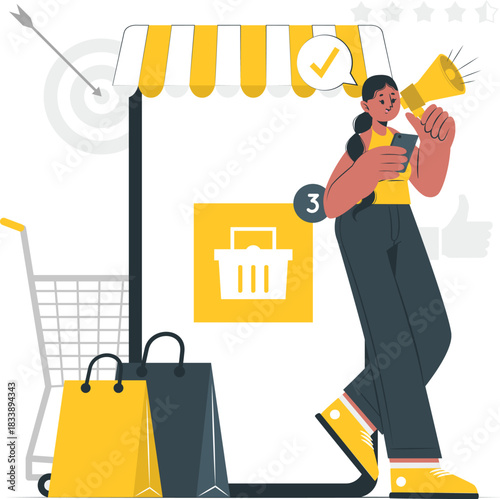 Woman with megaphone promoting online store with shopping cart