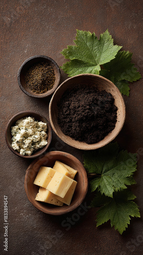 Wallpaper Mural Earthy vineyard soil, grape leaf, cheese, peppercorn, rustic food flat lay evokes terroir Torontodigital.ca