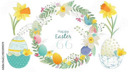 Happy easter watercolor illustration featuring a floral wreath with daffodils and colorful eggs celebrating the spring holiday and new beginnings