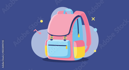 Flat design illustration of a vibrant school backpack in pink, blue, and yellow, set against a dark blue background with abstract playful shapes and symbols.