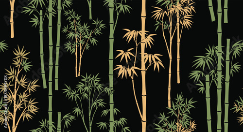 Stylized seamless pattern of bamboo stalks and leaves in shades of green and gold set against a contrasting black background, ideal for decorative designs.