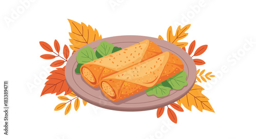 Two golden-brown spring rolls or crepes, garnished with fresh greens and presented on a plate, surrounded by vibrant fall leaves.