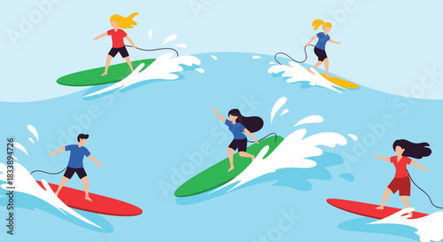 Diverse group of people surfing on colorful boards across the vibrant ocean waves, enjoying a fun and active water sport in a flat design illustration.