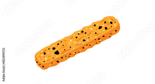 An inviting illustration of a golden-brown textured snack bar, sprinkled with contrasting black chocolate chips and lighter specks, presented on a clean white background.
