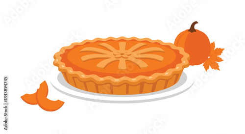 A vibrant pumpkin pie with a decorative crust, presented on a white plate with a small pumpkin, autumn leaf, and fresh pumpkin slices.