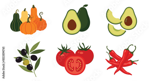 A colorful assortment of fresh and healthy produce, featuring various pumpkins, avocados, olives, tomatoes, and chili peppers.